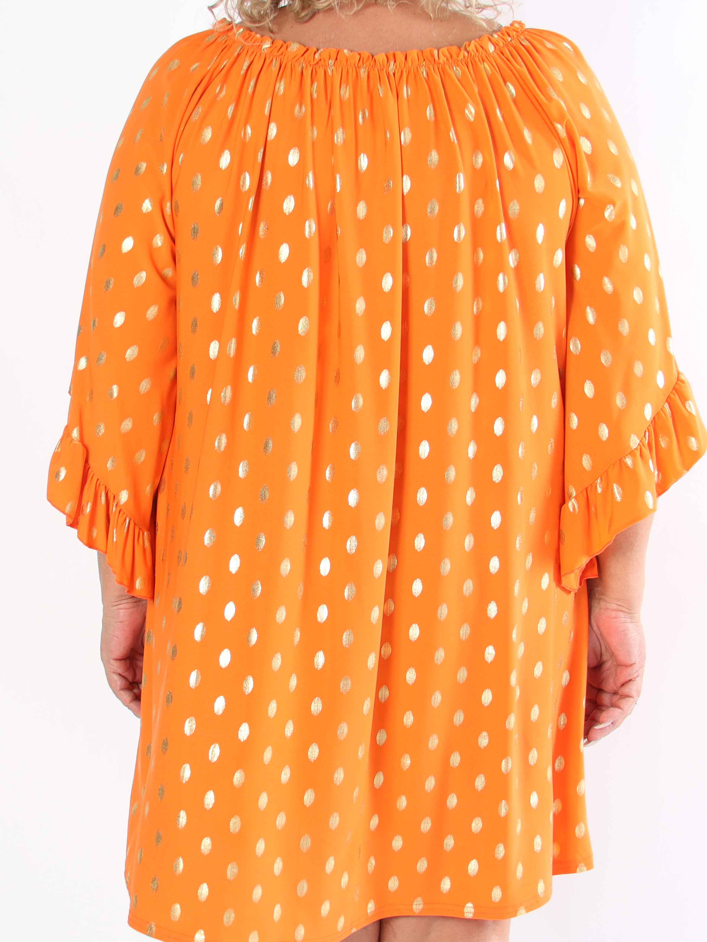 Yasma - Plus size tunikakjole med guld prikker og flæseærmer